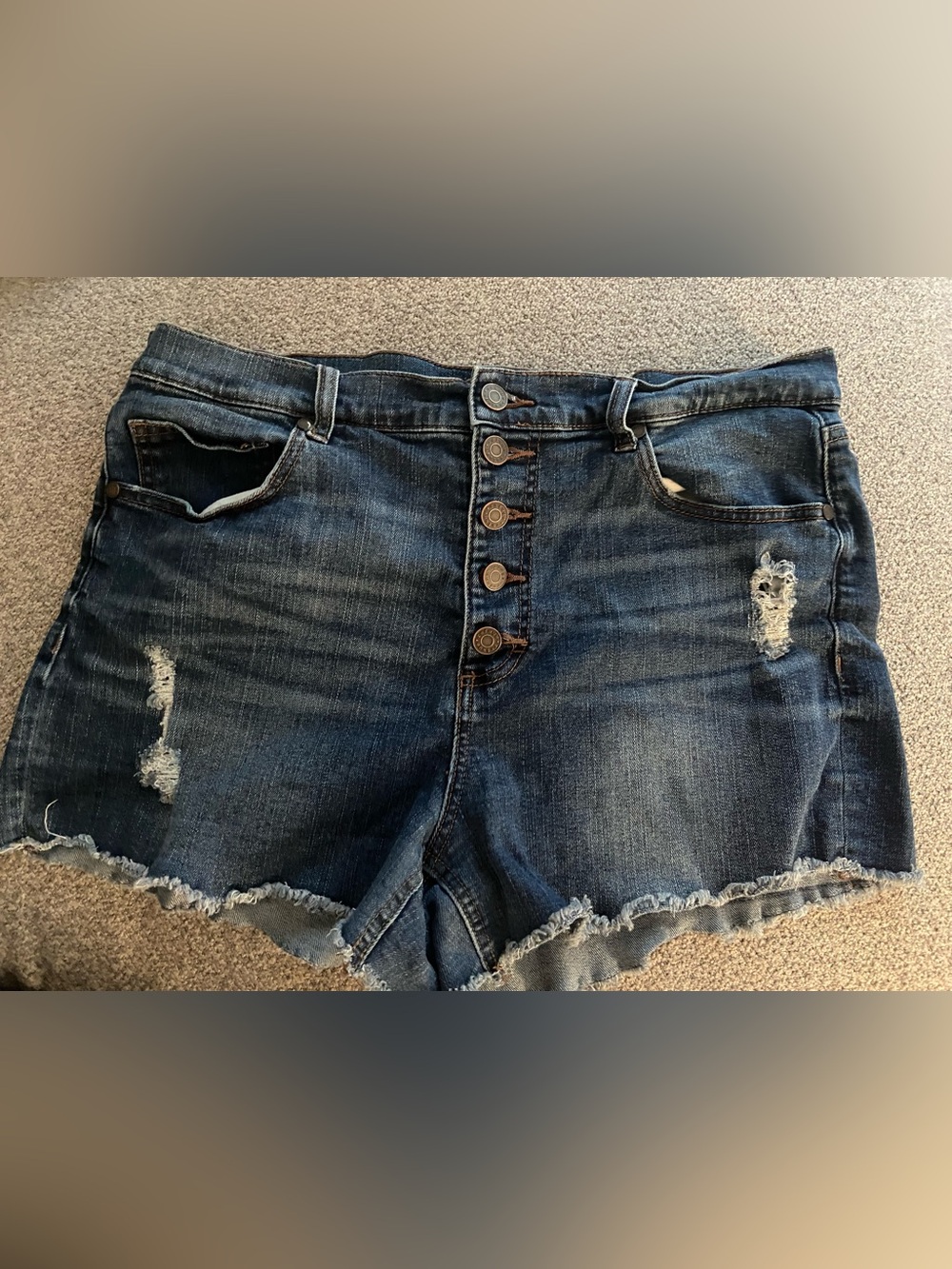 Refuge Women’s 14 Distressed High-Rise Dark Blue Denim Shorts